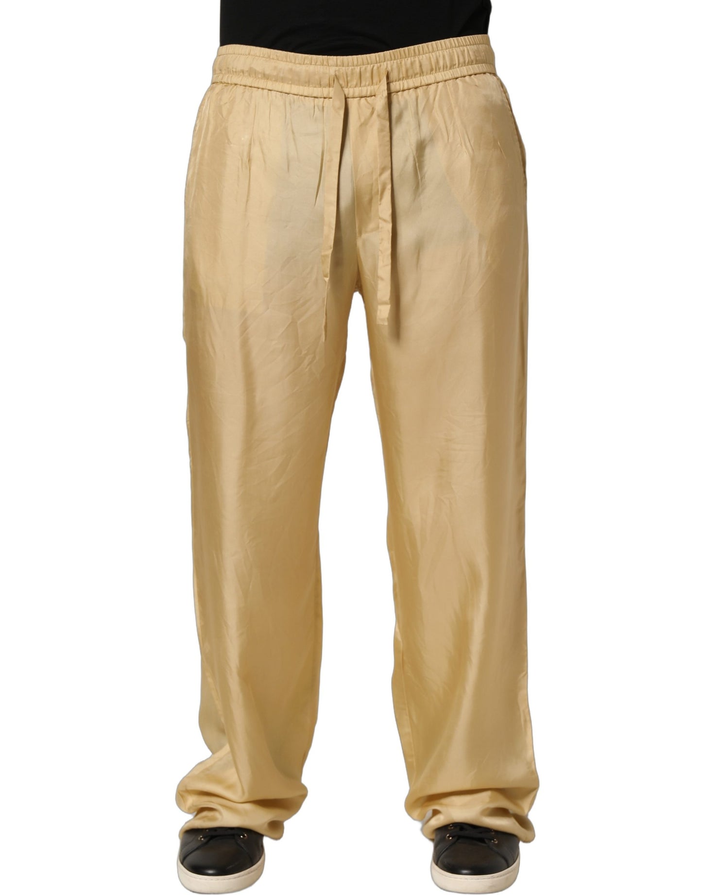 Yellow Straight Silk Mid Waist Chino Trouser Pants