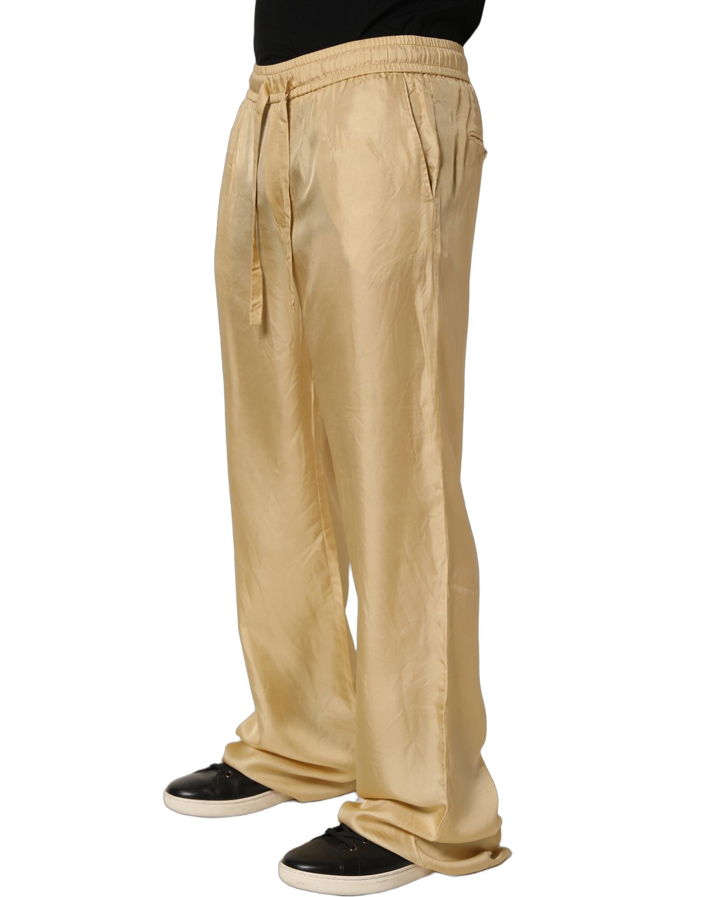 Yellow Straight Silk Mid Waist Chino Trouser Pants