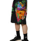 Black Cotton Tropical Floral Bermuda Shorts