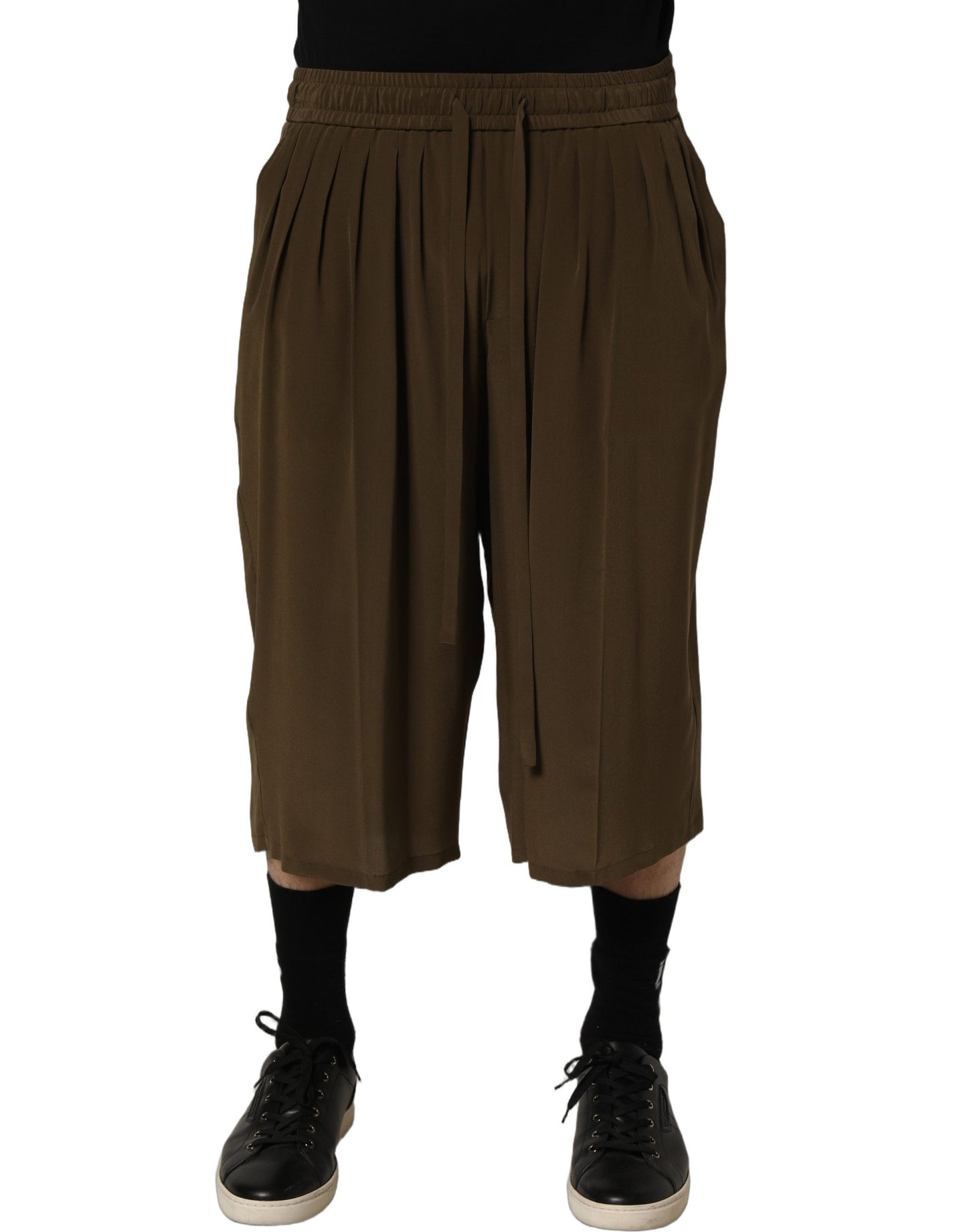 Brown Silk Mid Waist Pleated Bermuda Shorts