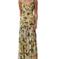 Yellow Floral Print Silk Pleated Maxi Dress