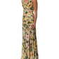 Yellow Floral Print Silk Pleated Maxi Dress