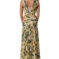 Yellow Floral Print Silk Pleated Maxi Dress