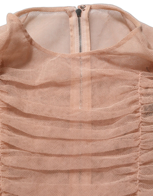 Beige Cotton Mesh Ruched Sheath Midi Dress