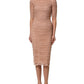 Beige Cotton Mesh Ruched Sheath Midi Dress