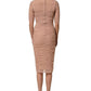 Beige Cotton Mesh Ruched Sheath Midi Dress