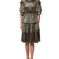 Metallic Gold Embellished Tiered Midi Dress