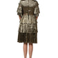 Metallic Gold Embellished Tiered Midi Dress