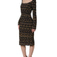 Black Key Print Long Sleeves Sheath Midi Dress