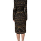 Black Key Print Long Sleeves Sheath Midi Dress