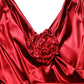 Red Silk Satin Draped Midi Floral Applique Dress