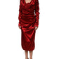 Red Silk Satin Draped Midi Floral Applique Dress