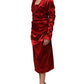 Red Silk Satin Draped Midi Floral Applique Dress