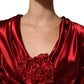 Red Silk Satin Draped Midi Floral Applique Dress