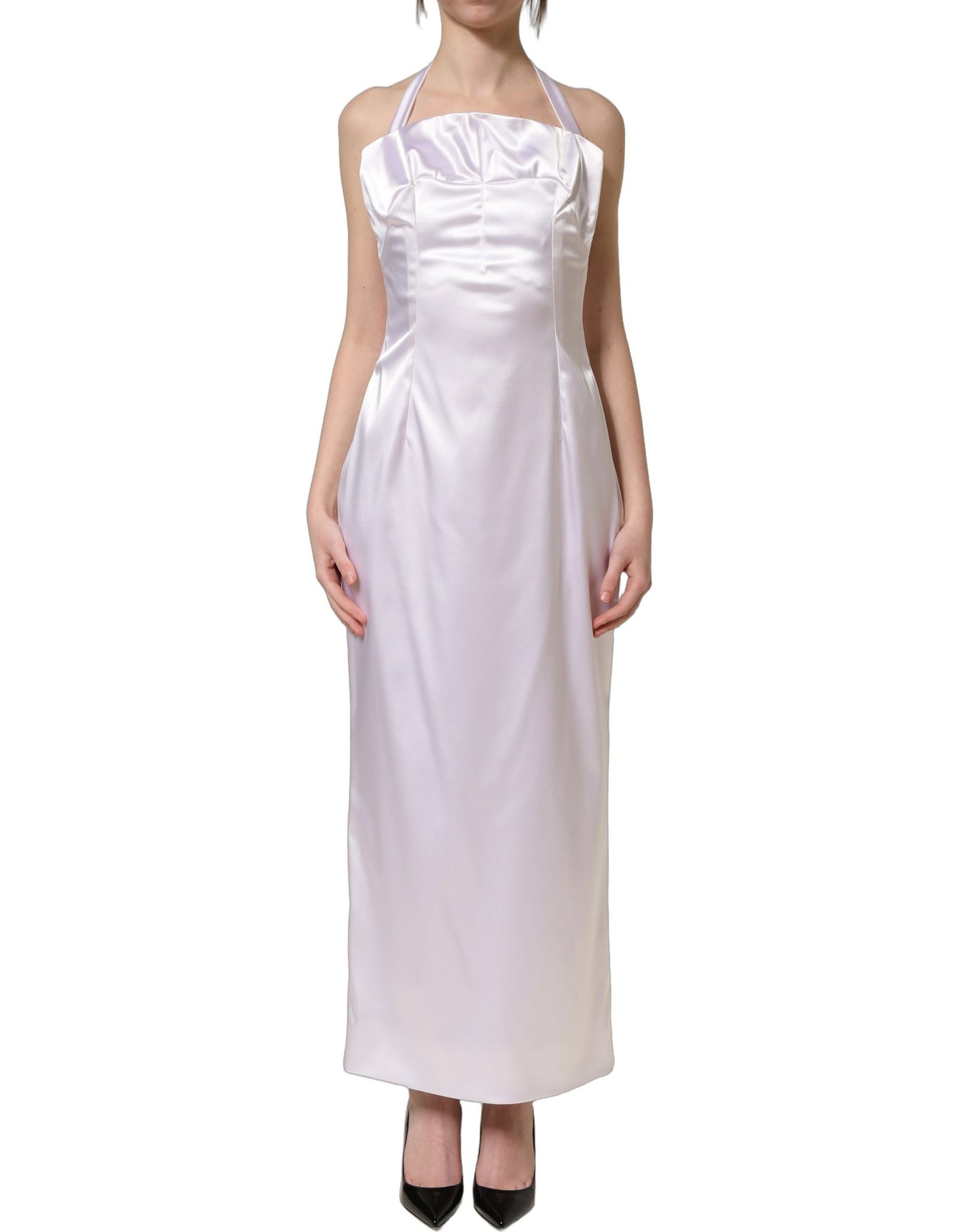 White Satin Halter Backless Long Gown Dress