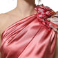 Pink Draped Midi Flower Appliques Dress