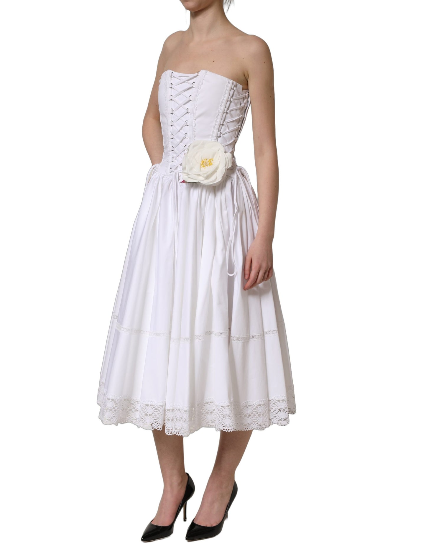 White Cotton Gabardine Bustier Midi Dress