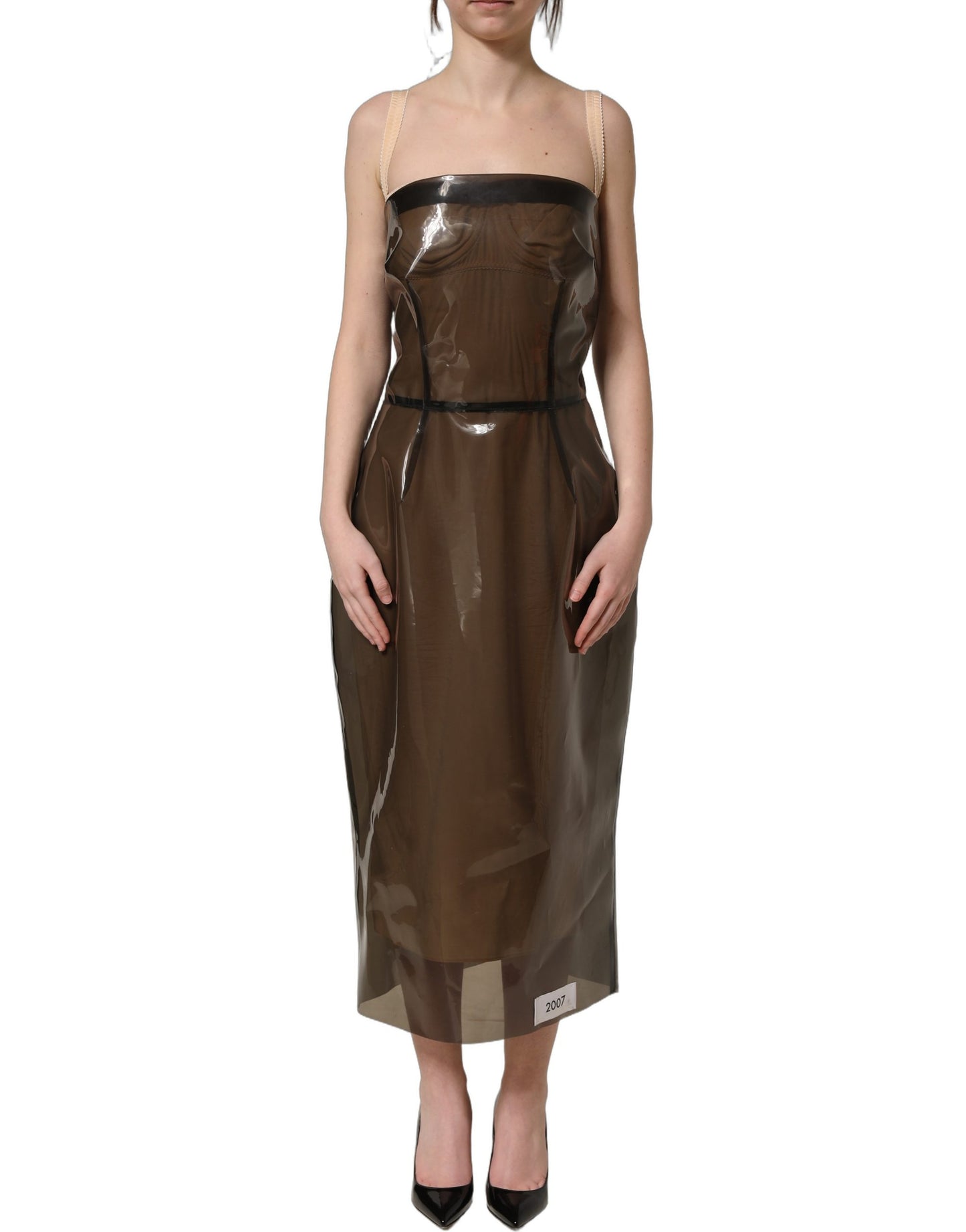 Brown Transparent Vinyl Sheath Midi Dress
