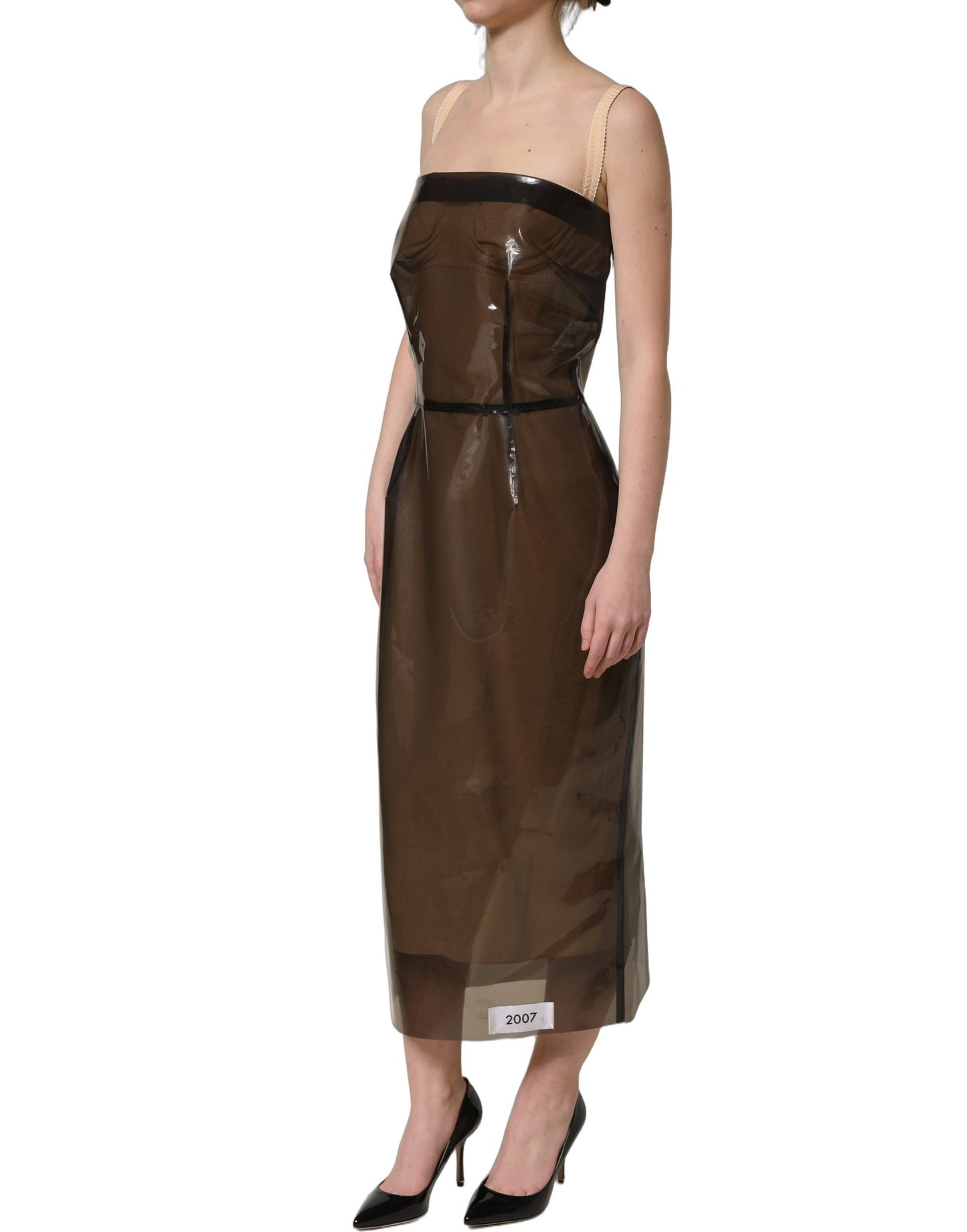 Brown Transparent Vinyl Sheath Midi Dress