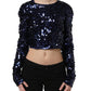 Blue Sequined Long Sleeves Crop Blouse Top