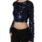 Blue Sequined Long Sleeves Crop Blouse Top