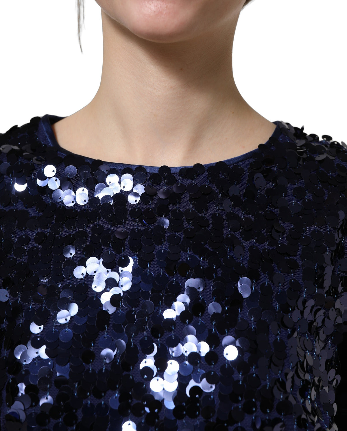 Blue Sequined Long Sleeves Crop Blouse Top