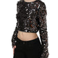 Black Sequined Long Sleeves Crop Blouse Top