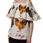 White Rooster Print Poplin Off The Shoulder Top