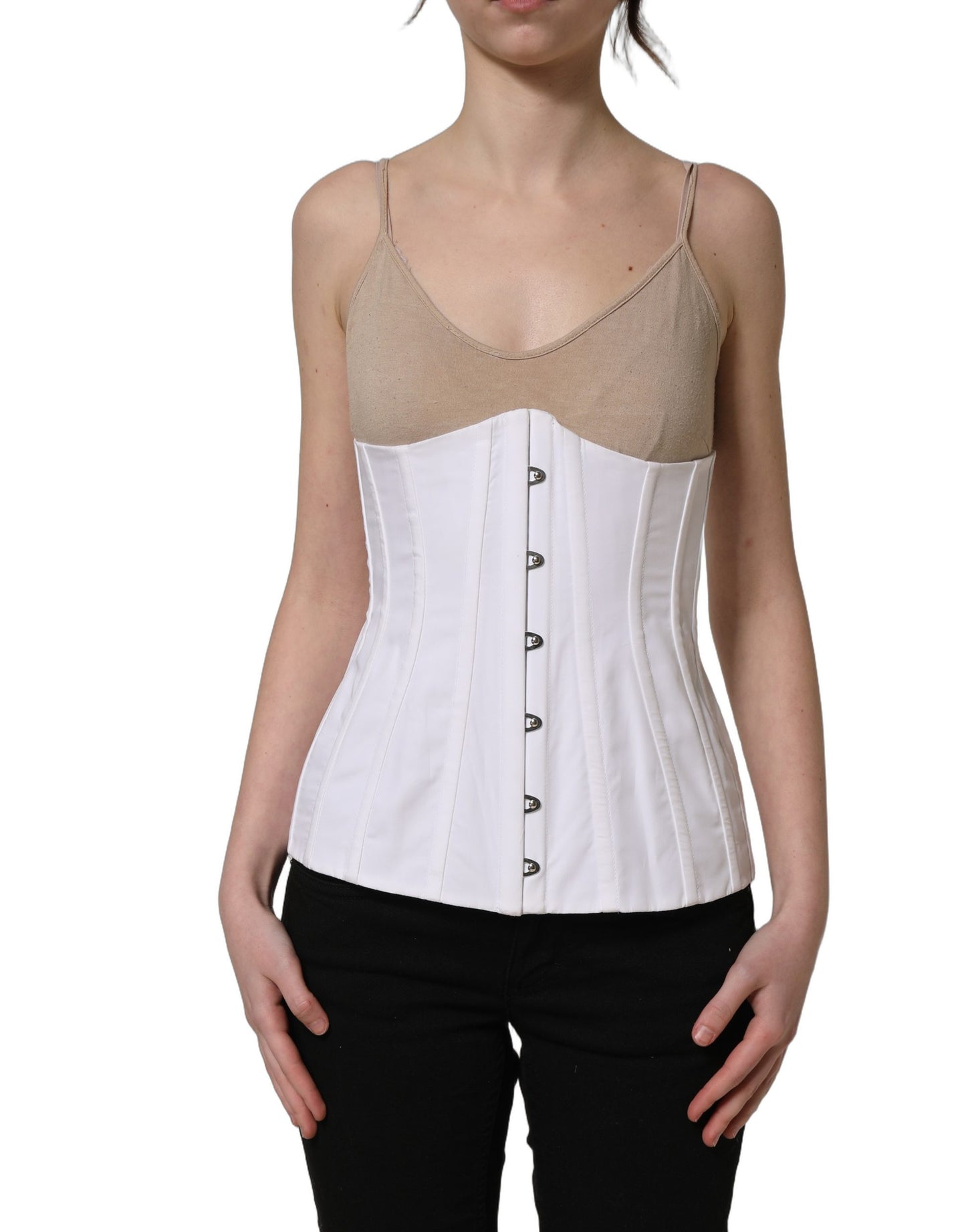 White Brown Cotton Sleeveless Corset Top