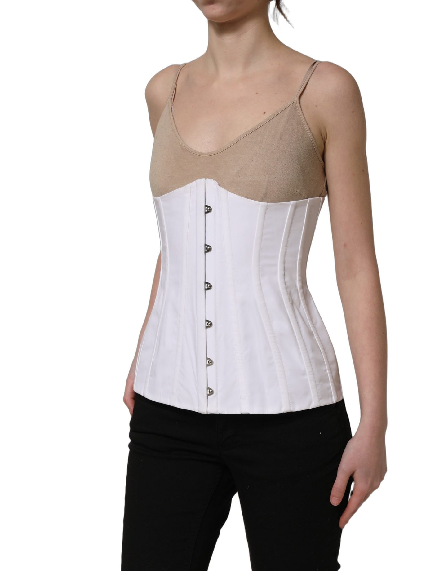 White Brown Cotton Sleeveless Corset Top