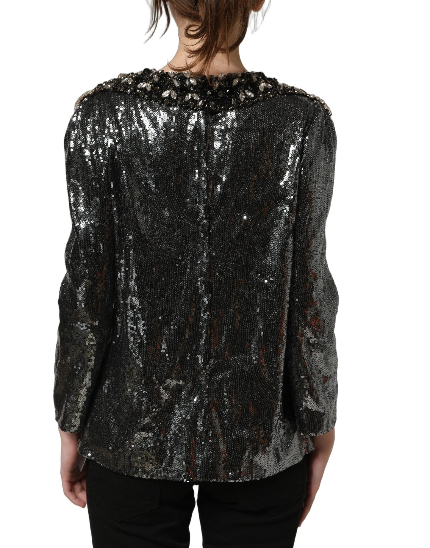 Metallic Gray Sequin Embellished Blouse Top
