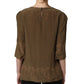 Brown Keys Roses Printed Silk Blouse Top