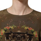 Brown Keys Roses Printed Silk Blouse Top