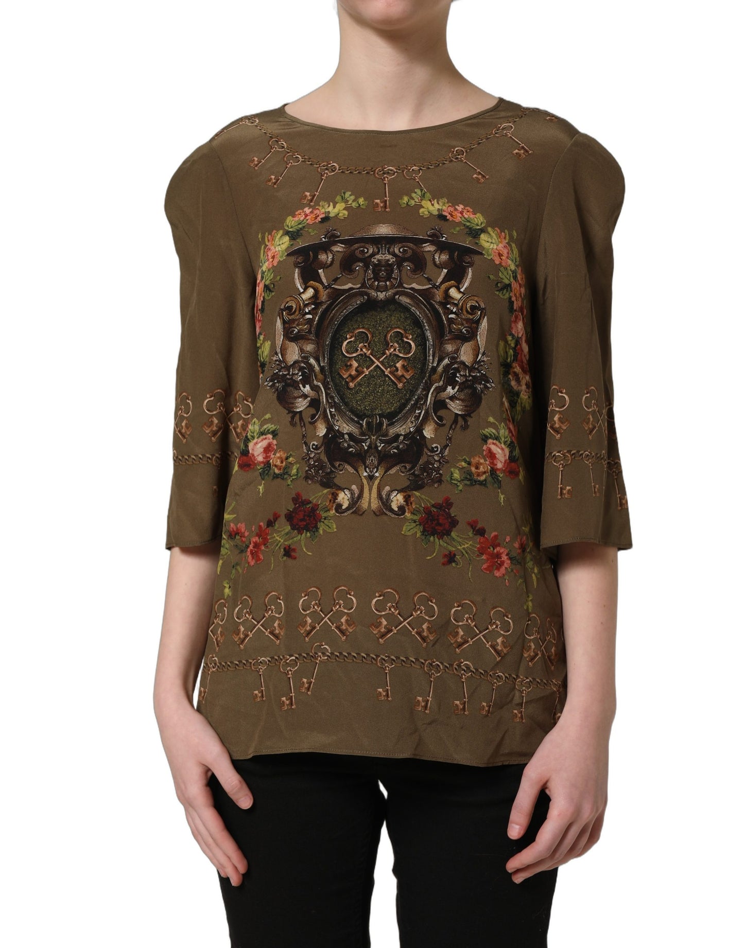 Brown Keys Roses Printed Silk Blouse Top