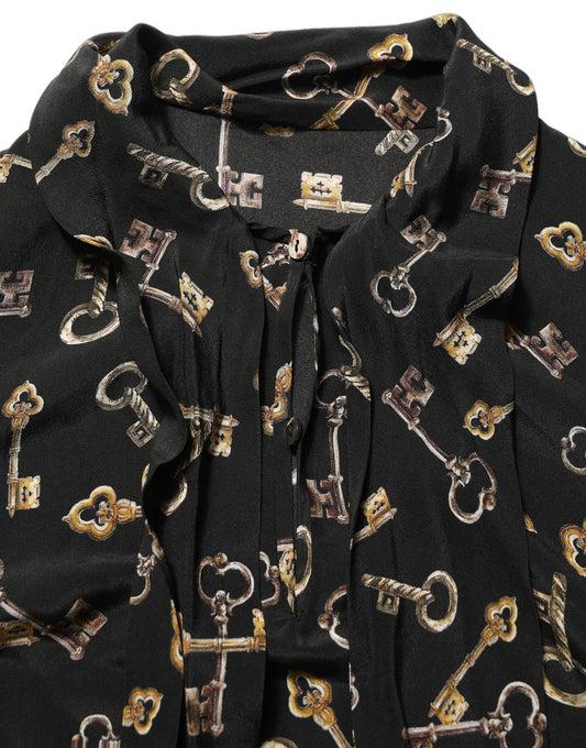 Black Keys Print Silk Tie Neck Blouse Top