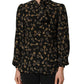Black Keys Print Silk Tie Neck Blouse Top