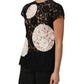 Black White Floral Lace Short Sleeve Blouse Top
