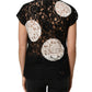 Black White Floral Lace Short Sleeve Blouse Top