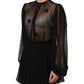 Black Polyester Mesh Sheer Crewneck Blouse Top