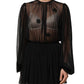 Black Polyester Mesh Sheer Crewneck Blouse Top
