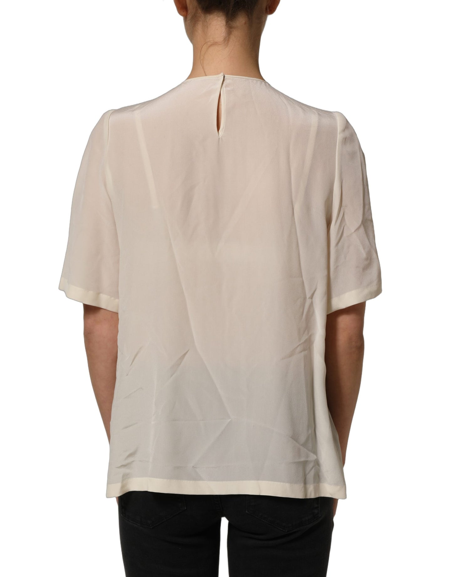 Beige Lace Trim Bow Short Sleeves Blouse Top
