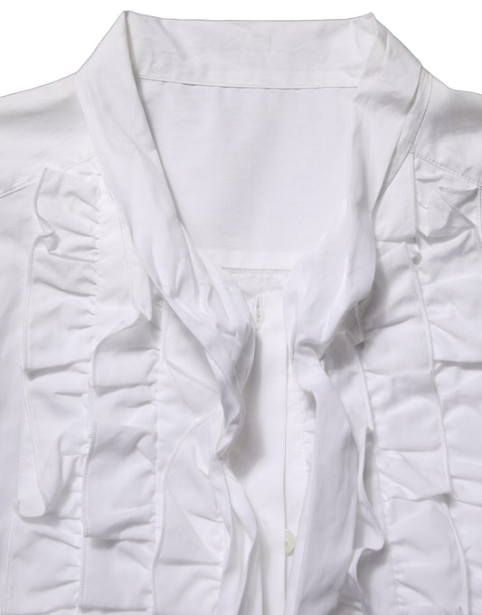 White Ruffled Bib Long Sleeves Blouse Top