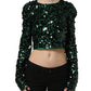 Green Sequined Long Sleeves Crop Blouse Top