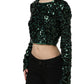 Green Sequined Long Sleeves Crop Blouse Top