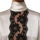 White satin Lace Trim LOng Sleeves Blouse Top