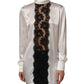 White satin Lace Trim LOng Sleeves Blouse Top