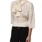 Off White Ascot Collar Long Sleeves Blouse Top