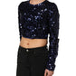 Blue Sequined Long Sleeves Crop Blouse Top