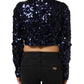 Blue Sequined Long Sleeves Crop Blouse Top
