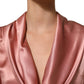 Pink Satin Silk V-neck Long Sleeves Blouse Top